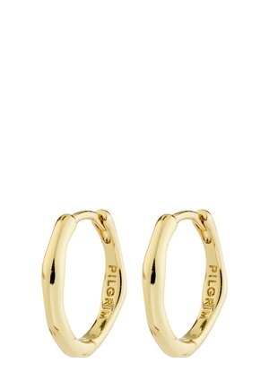 Par små, uregelmæssigt formede guldøreringe med poleret finish og "PILGRIM" graveret indvendigt i hver ørering.