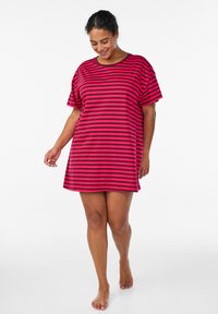 Pink and dark purple striped dress with short sleeves, loose fit, round neckline, and soft texture, ending above the knee.