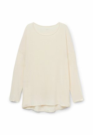 Chemise à manches longues couleur crème en tissu doux, avec un col arrondi, une coupe décontractée et un ourlet légèrement courbé. Pas de motifs ni d'accents visibles.