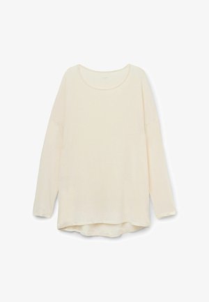 Kremowa koszula z długim rękawem, uszyta z miękkiego materiału, z okrągłym dekoltem, luźnym krojem i lekko zaokrąglonym dołem. Brak widocznych wzorów lub akcentów.