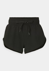Schwarze sportive Shorts aus weichem Stoff, mit elastischem Bund und Kordelzug. Verfügt über schräge seitliche Taschen und ein ausgestelltes Saumdesign.