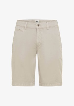 Pantaloncini da uomo beige alla altezza del ginocchio con bottone frontale, passanti per cintura e una piccola tasca frontale sul lato sinistro.