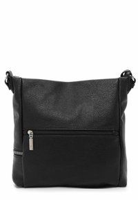 Černá kožená crossbody taška s přední kapsou na zip, nastavitelným popruhem a texturovaným povrchem.