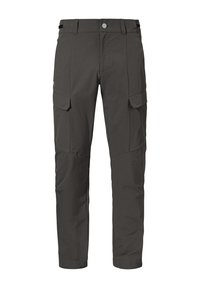 Cargo-Hosen aus dunkelgrauem Stoff, mit mehreren Taschen, geradem Schnitt und glatter Textur sowie einem Knopfverschluss an der Taille.