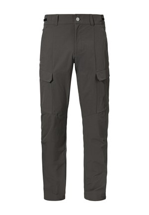Cargo-Hosen aus dunkelgrauem Stoff, mit mehreren Taschen, geradem Schnitt und glatter Textur sowie einem Knopfverschluss an der Taille.