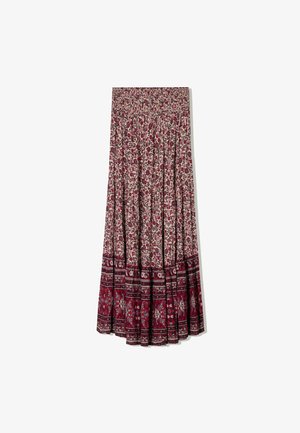 Gonna maxi floreale in tessuto leggero con vita arricciata, caratterizzata da uno sfondo crema e modelli floreali rossi e rosa con accenti a bordo.