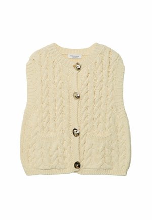Gilet in maglia a treccia color crema con cinque bottoni argentati, scollatura rotonda e due tasche frontali, caratterizzato da un motivo strutturato sul tessuto.