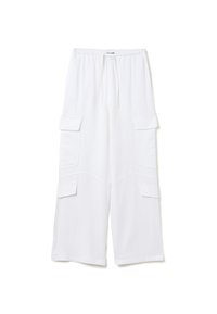 Witte cargo pants met een ontspannen pasvorm, voorzien van meerdere zijzakken, een elastische tailleband en een trekkoord voor een verstelbare sluiting.