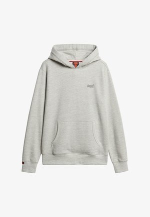 Grijze hoodie gemaakt van een katoenmix, met een voorzak, trekkoord capuchon en een klein logo op de borst. Zachte textuur.