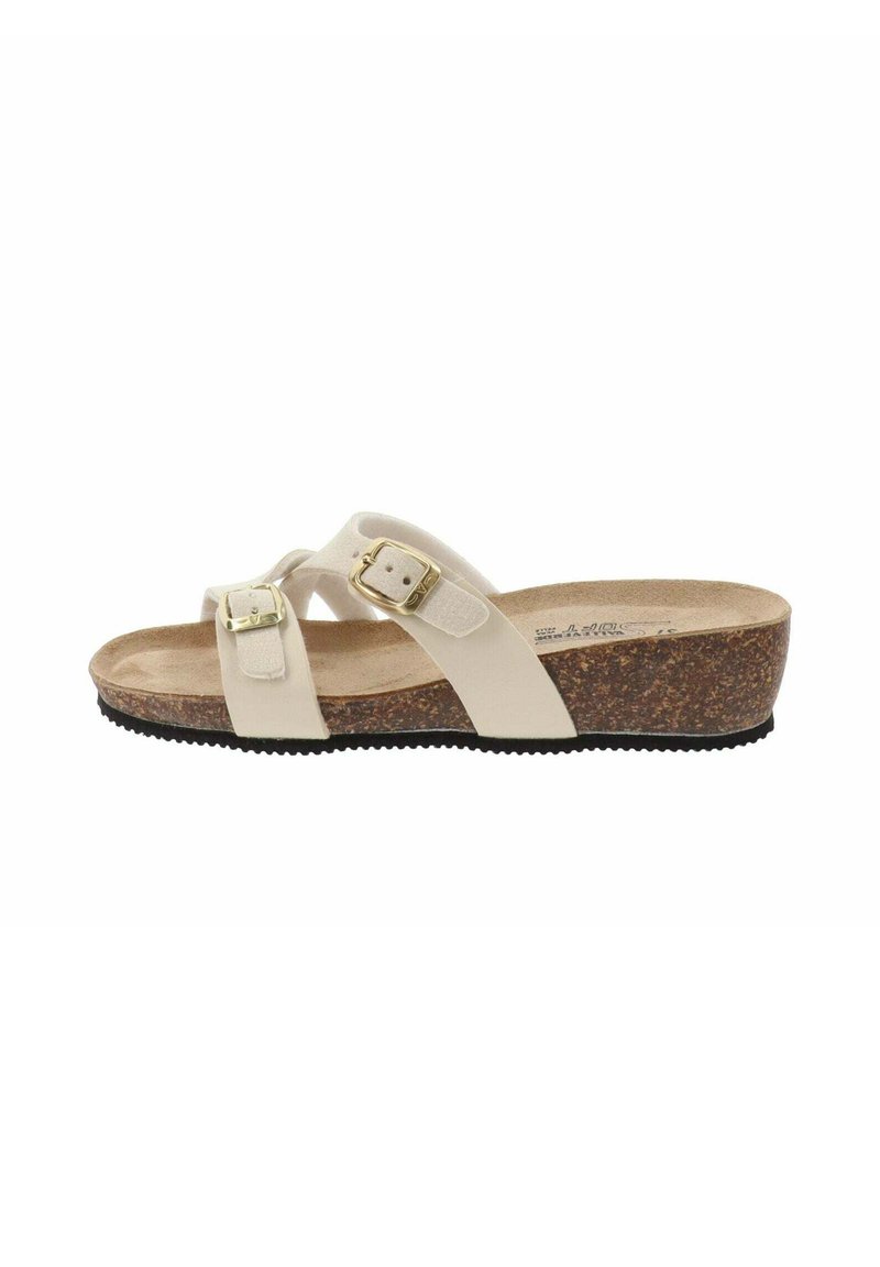Beige wedge sandals met twee verstelbare gespen, een kurken zool en een gestructureerde rubberen buitenzool. Kruisbanden voor ondersteuning en comfort.