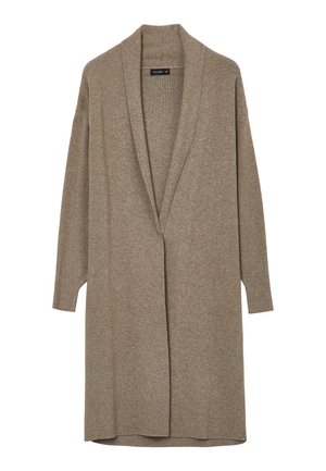 Beige Strickjacke aus weichem, strukturiertem Material. Offene Vorderseite mit Schalkragen und langen Ärmeln. Keine Verschlüsse; hüftlange Länge.