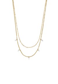 Collana a più strati in tono oro con due stili di catena e accenti di cristallo, inclusi anelli ovali e rotondi, e dettagli scintillanti sottili.