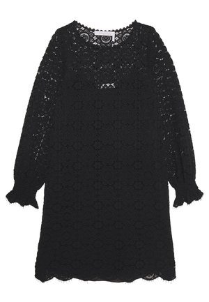 Czarna sukienka z długim rękawem z koronki o kwiatowym wzorze, z falistymi krawędziami u dołu i na mankietach oraz okrągłym dekoltem.