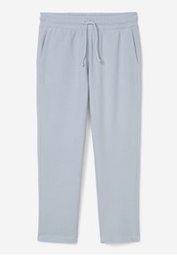 Světle modré tepláky vyrobené z měkké látky, s elastickým pasem na šnůrku, dvěma bočními kapsami a zúženými nohavicemi.