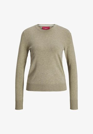 Svetlá zelená sveter vyrobený z mäkkého pleteného materiálu, s okrúhlym výstrihom, dlhými rukávmi, rebrovanými manžetami a rovnom lemom. Nápis viditeľný na výstrihu.