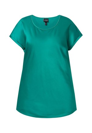 Turkoois korte mouwen blouse met een ronde halslijn, een gladde textuur en een langere achterkant. Heeft subtiele stiksels rond de hals.