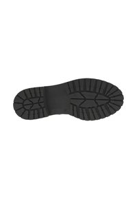 Semelle de chaussure en caoutchouc noir avec des rainures profondes et une section centrale lisse, conçue pour l'adhérence et la durabilité. Design minimaliste et fonctionnel.