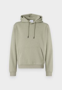 Hettegenser i mykt, lyst grønt stoff. Har frontpanel med kengurulomme, justerbare snorer, og ribbestrikkede mansjetter og kant.