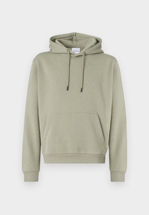 Hooded sweatshirt in soft, light green fabric. Features a front kangaroo pocket, adjustable drawstrings, and ribbed cuffs and hem.
