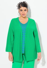 Grön öppen cardigan i en texturerad stickning, kombinerad med en blå och grön randig t-shirt. Långa ärmar och avslappnad passform.