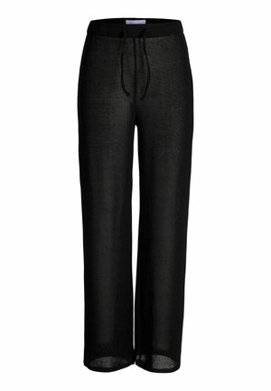 Pantalon noir à jambes larges avec taille élastique et cordon, confectionné en tissu léger semi-transparent.