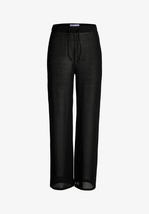 Pantalon noir à jambes larges avec taille élastique et cordon, confectionné en tissu léger semi-transparent.
