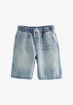 Hellblaue Jeansshorts mit elastischem Bund und weißem Kordelzug, ausgestattet mit Fronttaschen und einer Länge bis zur Mitte des Oberschenkels.