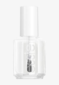 Bottiglia di smalto per unghie in vetro trasparente con tappo bianco, con il nome del marchio in rilievo "essie" e un pennello nero all'interno.
