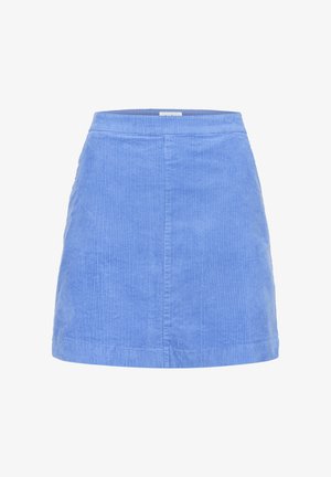 Gonna in velluto blu con una vestibilità dritta, caratterizzata da una texture a righe verticali, una vita e un orlo semplice.