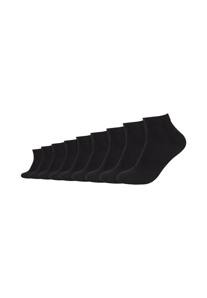 Sorte ankelstrømper, fremstillet af blødt stof, med et sømløst design og subtil ribbestrik ved skaftet, arrangeret i en række.
