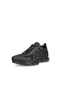 Black athletic shoes with a mesh upper, reinforced toe cap, and rubber sole featuring a textured pattern; includes elastic laces and a heel tab.