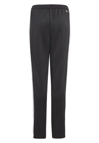 Pantalones deportivos negros hechos de un tejido ligero, con corte recto, cintura elástica y rayas blancas en los laterales. Diseño simple, sin bolsillos.
