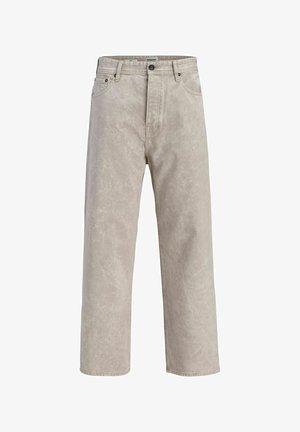 Jean beige droit avec un design à cinq poches, fermeture par bouton et texture marbrée subtile.