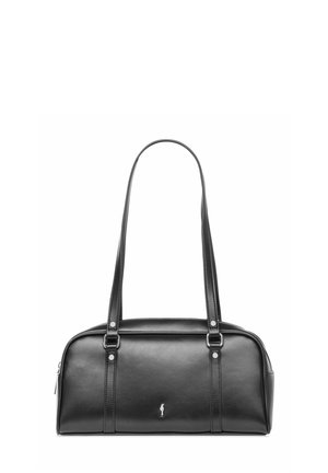 Czarna prostokątna skórzana torebka na ramię z dwoma długimi paskami i małym srebrnym logo na środku przedniej strony.