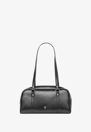 Czarna prostokątna skórzana torebka na ramię z dwoma długimi paskami i małym srebrnym logo na środku przedniej strony.