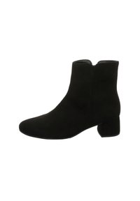 Stivale alla caviglia in suede nero con punta arrotondata, tacco basso a blocco e zip sul retro per una facile calzata. Texture liscia e design essenziale.
