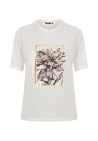 Bílý bavlněný tričko s volným střihem. Zdobeno černobílým květinovým vzorem uvnitř zlatého obdélníku. Krátké rukávy, kulatý výstřih.