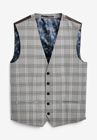 Grau karierter Weste mit dunkelbrownfarbenen Schulterakzenten; verfügt über fünf Knöpfe und ein Innenfutter mit blauem Paisley-Muster.