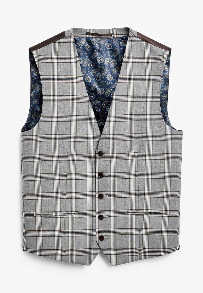 Grau karierter Weste mit dunkelbrownfarbenen Schulterakzenten; verfügt über fünf Knöpfe und ein Innenfutter mit blauem Paisley-Muster.