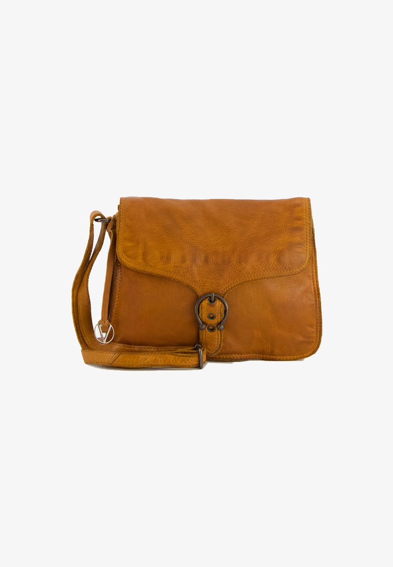 Brown leather crossbody bag with a flap, featuring a metal buckle closure, adjustable strap, and smooth texture.