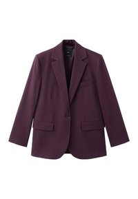 Blazer bordeaux en tissu texturé, doté d'une fermeture à un bouton, de revers crantés et de deux poches avant. Coupe cintrée avec manches longues.