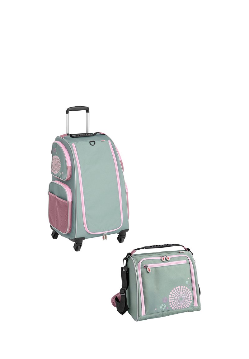 Groene en roze trolley met uitschuifbare handgreep, patroonaccenten, gaas-zijvak, naast een bijpassende schoudertas met ritsen aan de voorkant.