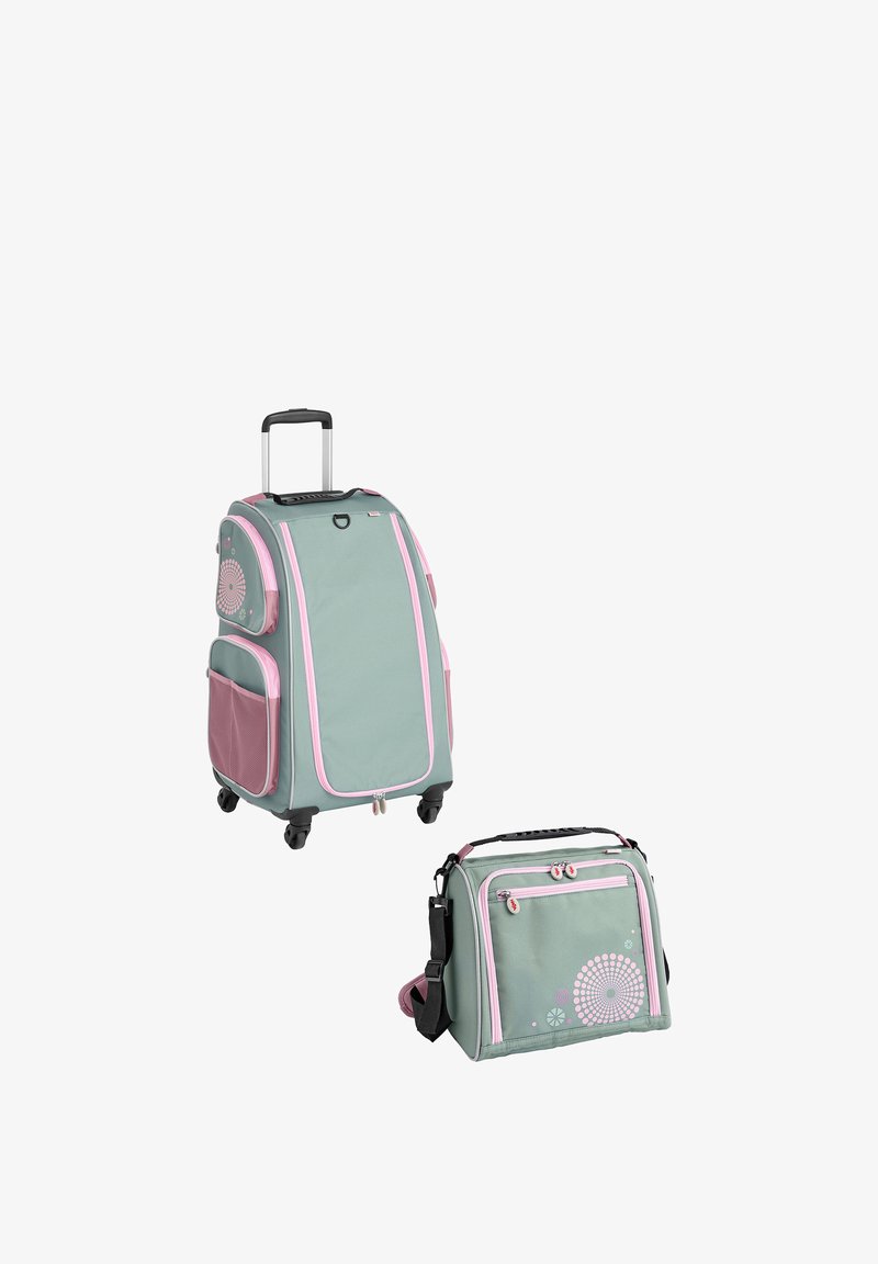 Groene en roze trolley met uitschuifbare handgreep, patroonaccenten, gaas-zijvak, naast een bijpassende schoudertas met ritsen aan de voorkant.