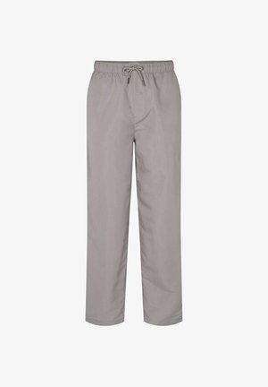 Pantalon gris clair avec cordon de serrage, taille élastique, jambes droites, sans poches visibles ni ornements.