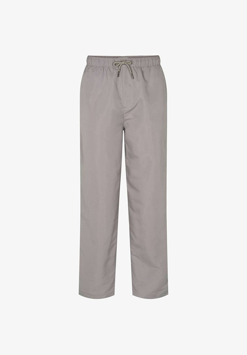 Pantaloni grigio chiaro con coulisse, vita elastica, gambe dritte e senza tasche o decorazioni visibili.