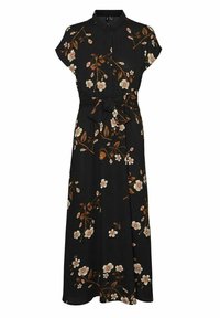 Svart kortärmad midiklänning med krage, blommönster i vitt och brunt, samt ett knytbart midjebälte.