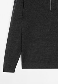 Charcoal gray sweatshirt with long sleeves, featuring a smooth texture and a central zipper. Simple, minimalist design without patterns.