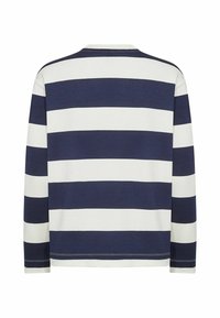 Pikad varrukad särgi tumesiniste ja valgete horisontaalsete triipudega, valmistatud puuvillast, ümar kaelusega ja kontrastse õmblusdetailiga äärejoonel.