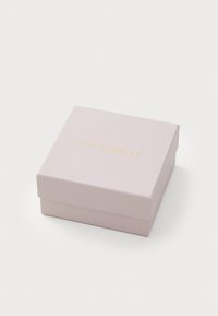 Boîte cadeau en carton rose clair avec une texture lisse, présentant un logo doré "COCCINELLE" sur le couvercle. Forme carrée, fermée.