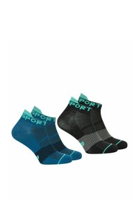 Deux paires de chaussettes de cheville en bleu et noir, affichant un logo "SPORT", présentées côte à côte sur un fond blanc.